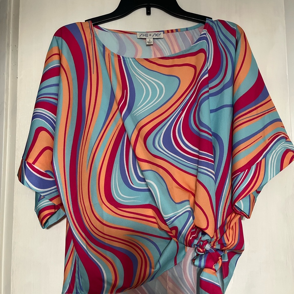 She + Sky Multicolor Blouse | Tie Detail | Small